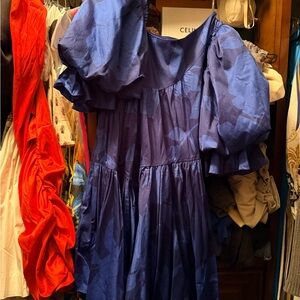 Aje Navy Blue Asymmetrical Puff-Sleeve Dress